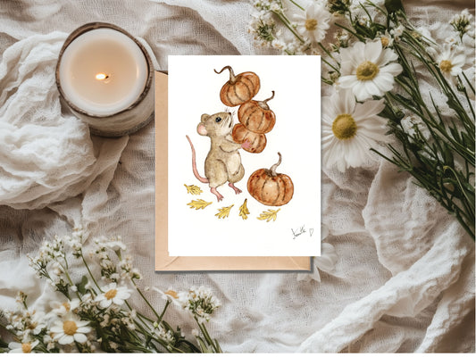 Greeting card - watercolour art - mouse with pumpkins