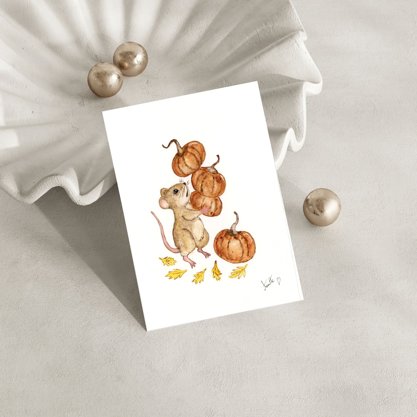 Greeting card - watercolour art - mouse with pumpkins