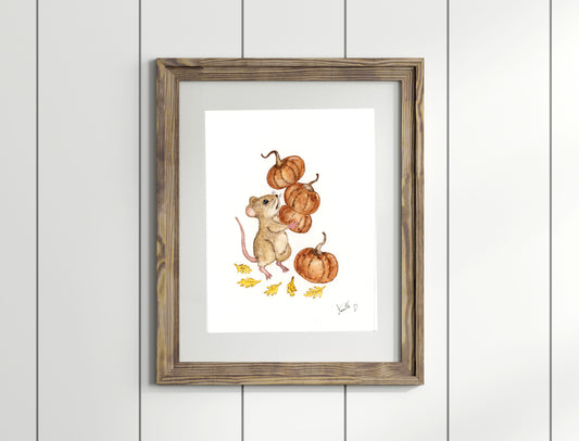 Original hand painted watercolour painting, illustration - pumpkin mouse.