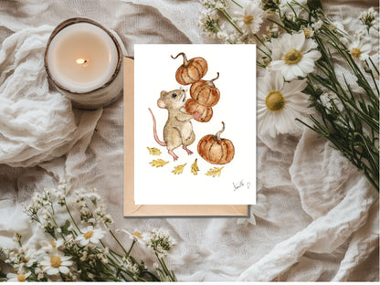 Greeting card - watercolour art - mouse with pumpkins