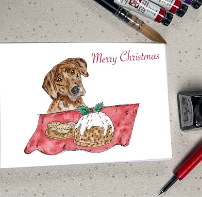 Christmas Watercolour Greeting Card - xmas-pudding - Dog-| Original Art