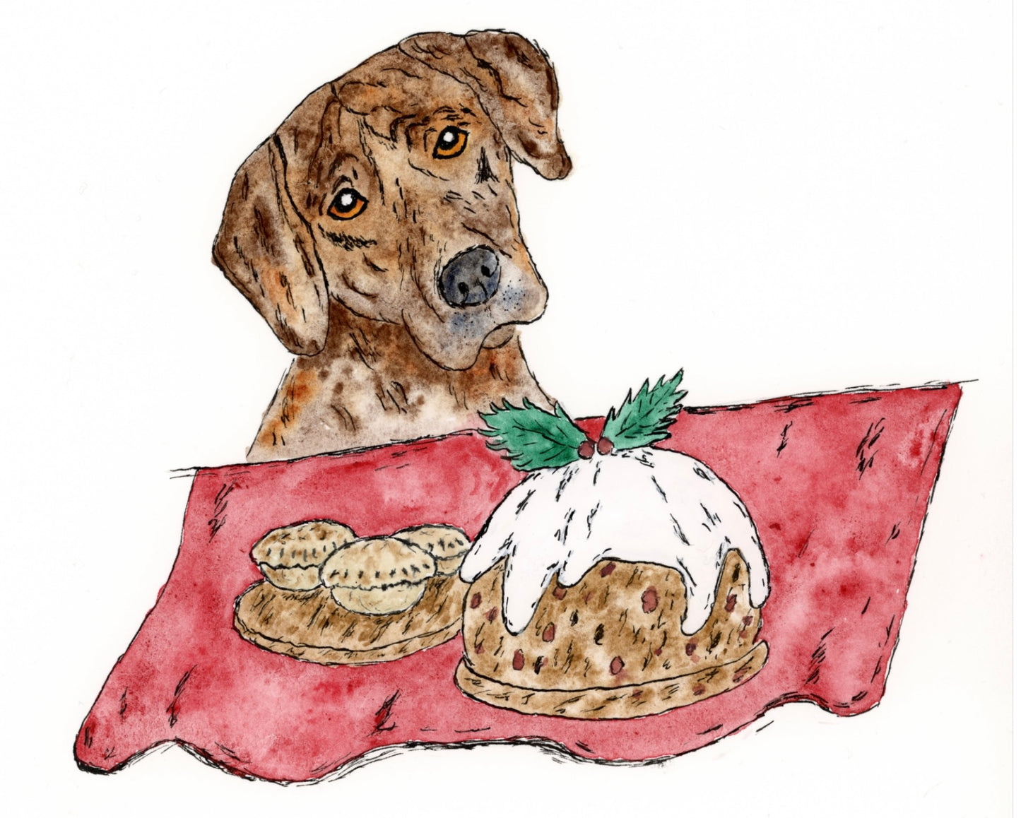 Christmas Watercolour Greeting Card - xmas-pudding - Dog-| Original Art