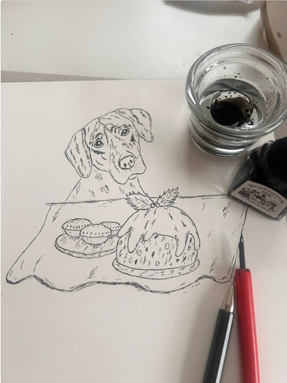 Christmas Watercolour Greeting Card - xmas-pudding - Dog-| Original Art