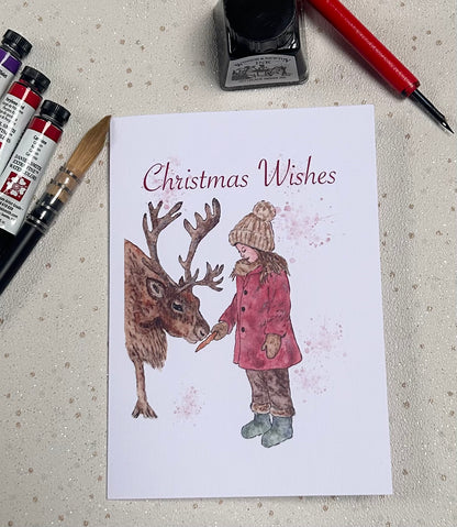 Christmas Watercolour Greeting Card - Girl with Reindeer | Original Art