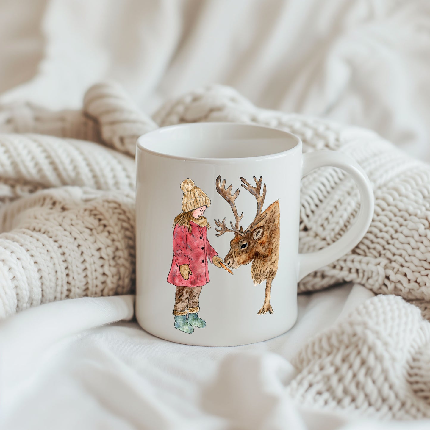 Christmas Watercolour Greeting Card - Girl with Reindeer | Original Art