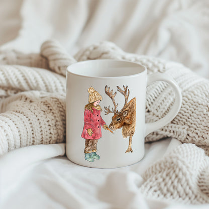 Christmas Watercolour Greeting Card - Girl with Reindeer | Original Art