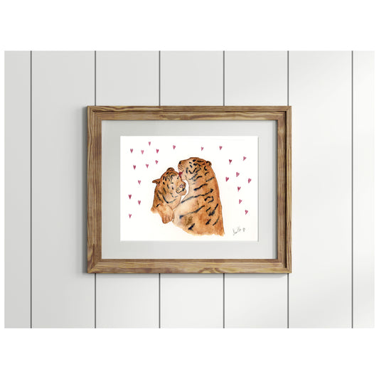 Original hand painted watercolour painting, illustration - Tigers - Titles sloppy kisses.