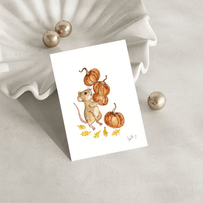 Greeting card - watercolour art - mouse with pumpkins