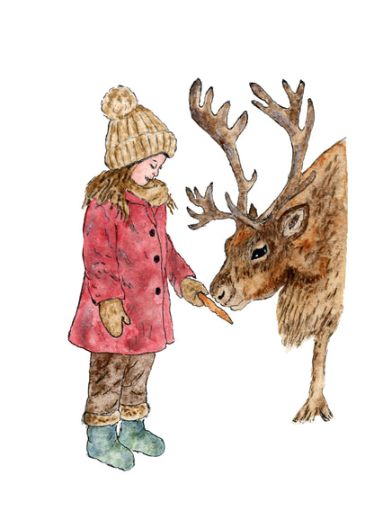 Christmas Watercolour Greeting Card - Girl with Reindeer | Original Art